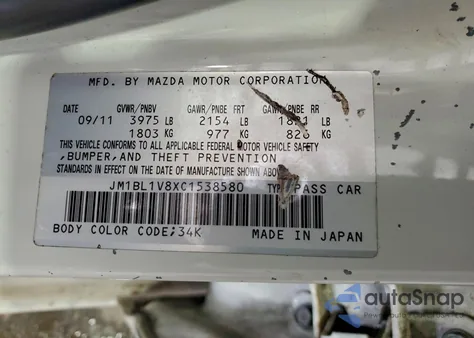 2012 Mazda 3 I from USA, damaged, VIN JM1BL1V8XC1538580